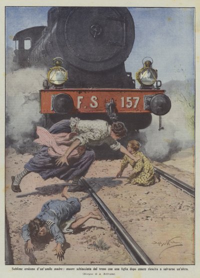 崇高な英雄的な母親、成功した後、娘と一緒に電車で押しつぶされて死ぬ？ 作： Achille Beltrame